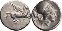 Ancient Greek Corinthia, Corinth. Stater; Corinthia, Corinth; 350-330 BC, Stater, 8.53g. Calciati-145. Obv: Ϙ Pegasos with straight wings flying left. Rx: Helmeted head of Athena to right; behind fore