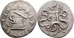 Ancient Greek Mysia, Pergamum. Cistophoric Tetradrachm; Mysia, Pergamum; c. 166-160 BC, Cistophoric Tetradrachm, 12.28g. Kleiner/Noe-7. Obv: Cista mystica with half-open lid, from which a serpent issu