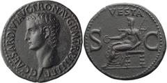 Roman Imperial Caligula As. ; Caligula As; 37-41 AD, Rome, As, 11.49g. RIC-38. Obv: Bare head of Caligula left Rx: Vesta enthroned with patera in her outstretched hand and a transverse scepter in her 