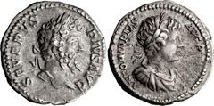 Roman Imperial Septimius Severus and Caracalla. Denarius; Septimius Severus and Caracalla; Rome, 202 AD, Denarius, 3.73g. Cf. BMC-p. 230. Obv: SEVERVS - PIVS AVG Head of Septimius Severus laureate r. 