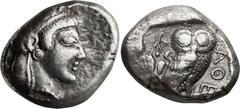 Ancient Greek Attica, Athens. Tetradrachm; Attica, Athens; 475-470 BC, Tetradrachm, 17.06g. Starr-Group 1. Obv: Archaic head of helmeted Athena r. Rx: Owl standing r., head front, AΘE to r., to l. cre