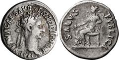 Roman Imperial Nerva. Denarius; Nerva; 96-98 AD, Rome, 97 AD, Denarius, 3.57g. Paris-44, BMC-62 note, citing spec. in Copenhagen). Obv: IMP NERVA CAES AVG - P M TR P II COS III P P Head laureate r. Rx