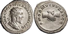 Roman Imperial Pupienus. Antoninianus; Pupienus; 238 AD, Rome, Antoninianus, 4.38g. BM-82, C-2 (10 Fr.), RIC-9b. Obv: IMP CAES PVPIEN MAXIMVS AVG Bust radiate, draped, cuirassed r. Rx: Clasped hands, 