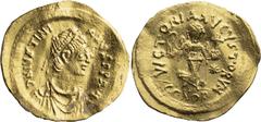 Byzantine Justin II. Tremissis; Justin II; Constantinople, c. 582-602 AD, Tremissis, 1.52g. Berk-62, Sear-353, MIB-11a. Obv: Pearl-diademed, draped, cuirassed bust r., seen from front. Rx: Victoria ad