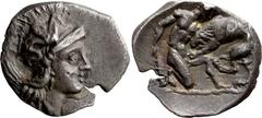 Ancient Greek Calabria, Tarentum. Alexandria Diobol; Calabria, Tarentum; 380-334 BC, Diobol, 1.00g. Vlasto-1330 (scarce type). Obv: Athena facing r., wearing crested horse helmet. Rx: Herakles kneelin