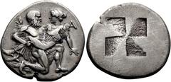 Ancient Greek Thrace, Thasos. Stater; Thrace, Thasos; c. 412-404 BC, Stater, 8.66g. Pozzi-1118, BMC-24. Obv: Nude satyr, bald and with long beard, moving r. in 'running-kneeling' position, holding a n