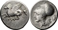 Ancient Greek Acarnania, Thyrrheium. Stater; Acarnania, Thyrrheium; c. 320-280 BC, Stater, 8.39g. Calciati-22. Obv: ΘY Pegasus flying l. Rx: Head of Athena l., wearing Corinthian helmet; before, Θ; be
