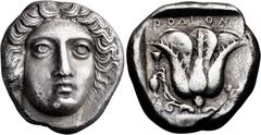 Ancient Greek Caria, Rhodes. Tetradrachm; Caria, Rhodes; c. 400 BC, Tetradrachm, 14.73g. Bérend, Tétradrachmes-; HN Online-. Obv: Head of Helios facing three-quarters r.; Rx: Rose, ΡΟΔΙΟΝ above; singl