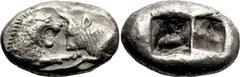Ancient Greek Lydia, Croesus. 1/12 Siglos; Lydia, Croesus; ca. 565-546 BC, Siglos, 5.12g. Berk-22. Obv: Confronted foreparts of roaring lion and bull. Rx: Oblong punch divided into two squares.. gVF