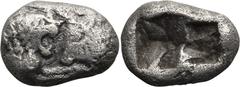 Ancient Greek Lydia, Croesus. 1/6 Stater; Lydia, Croesus; 1/6 Stater, 1.66g. 100 Greatest Ancient Coins Berk-25. Obv: Lion and bull facing; lion with open mouth attacking. Rx: Two-part incuse.. F