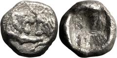 Ancient Greek Lydia, Croesus. 1/24 Silver Stater; Lydia, Croesus; 561-546 BC, 1/24 Stater, 0.40g. Berk-30. Obv: Confronted foreparts of lion and bull. Rx: Incuse punch.. EF