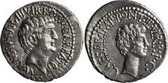 Imperatorial Mark Antony and Octavian. Denarius; Mark Antony and Octavian; 41 BC, Denarius, 3.56g. Cr-517/2; Syd-1181; C-8 (30 Fr.); Sear, Imperators-243. Obv: M ANT IMP AVG IIIVIR R P C M BARBAT Q P 