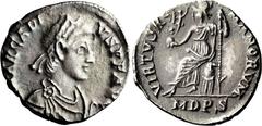 Roman Imperial Arcadius. Siliqua; Arcadius; 383-408 AD, Milan, Siliqua, 1.54g. RIC-32b. Obv: [D N] ARCADI - VS P F AVG, Pearl-diademed, draped, cuirassed r., seen from front. Rx: VIRTVS R - [O]MANORVM