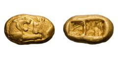 Lydia, Croesus, 561-546 BC; Stater, 8.02g. 100 Greatest Ancient Coins, Harlan J. Berk 2008, The Coinage of Croesus, p. 13, #5. Obv: Forepart of roaring lion facing forepart of bull. Rx: Two rough incu