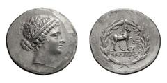 Aeolis, Cyme; After 190 BC, Tetradrachm, 16.39g. Pozzi-2297, BM-73. Obv: Head of Amazon Kyme r. wearing hairband. Rx: Horse stepping r., one-handled cup below horse's raised l. foreleg, magistrate's n
