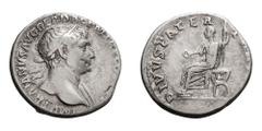 Trajan; 98-117 AD, Denarius, Rome, 112-5 AD, 3.13g. Woytek, MIR-406b (157 spec.); BM-500; C-140 (25 Fr.); RIC-252. Obv: IMP TRAIANVS AVG GER DAC P M TR P COS VI P P Head laureate r. with fold of cloak