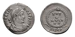 Gratian; 367-383 AD, Siscia, 375-8 AD, Siliqua, 2.00g. RIC-18 (R), C-69 (6 Fr.). Obv: D N GRATIA - NVS P F AVG Pearl-diademed, draped, cuirassed bust r., seen from front. Rx: VOT / X / MVLT / XX in fo