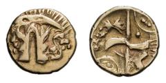 Celtic Britain, Durotriges; c. 65-58 BC, EL Quarter Stater, 1.39g. Van Arsdell-1225-1. Obv: Pattern, perhaps of boat with three occupants, or objects hanging from a crescent. Rx: Geometric pattern. Fr