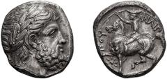 Macedonia, Philip II; 359-336 BC, Pella I, c. 354/3-349/8 BC, Tetradrachm, 14.35g. Le Rider-105 (same obv. die). Obv: Laureate head of Zeus r. Rx: ΦIΛIΠ - ΠOY King, wearing kausia and raising hand in 