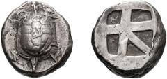 Attica, Aegina; c. 456-431 BC, Stater, 12.34g. Asyut-433, SNG Cop-507. Obv: Land tortoise, seen from above. Rx: Incuse square divided into five compartments.Countermark on shell of turtle Countermark 