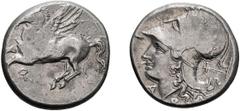 Corinthia, Corinth; 330-300 BC, Stater, 8.56g. Calciati-439, BCD-107. Obv: Pegasos flying l. with pointed wing, koppa below. Rx: Head of Athena l. wearing laureate Corinthian helmet; behind, plow; A -