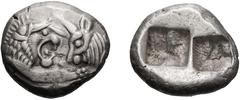 Lydia, Croesus; 565-546 BC, Siglos, 5.32g. Berk-13. Obv: Confronted foreparts of a roaring lion and a bull. Rx: Oblong punch divided into two squares. . EF (3500)