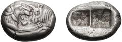 Lydia, Croesus; 565-546 BC, Siglos, 5.37g. Berk-13. Obv: Confronted foreparts of a roaring lion and a bull. Rx: Oblong punch divided into two squares. . EF (3850)