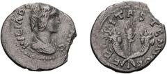 Julia Domna; Eastern Mint, 194 AD, Denarius, 2.50g. C-54 (Welzl, 15 Fr.), BMC-p. 103, RIC-621 (R). Obv: IVLIA DO - [MNA] AVG Bust draped r. Rx: FELICITAS TEMPOR Wheat ear upright between two cornucopi
