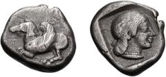 Corinthia, Corinth; c. 480-431 BC, Drachm, BM-79. Obv: Pegasus flying l., with curled wing, koppa beneath. Rx: Head of Aphrodite r., wearing necklace, within incuse square.Scarce early drachm; scrape 