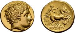 Greek Macedonia, Philip II, 359-336 BC. Stater; Macedonia, Philip II, 359-336 BC; Pella III, c. 323-315 BC, Stater, 8.62g. Le Rider-520. Obv: Laureate head of Apollo r. Rx: F??????? Fast biga r., bucr