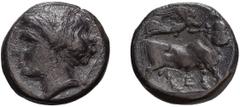 Greek Campania, Neapolis. Didrachm; Campania, Neapolis; c. 320-300 BC, Didrachm, 6.98g. HN Italy-571, SNG ANS-412. Obv: Head of Nymph l., quiver behind. Rx: Man-headed bull standing r. being crowned b