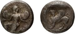 Greek Caria, Caunos. Triobol; Caria, Caunos; 490-470 BC, Triobol, 2.42g. Konuk, Essays Price-35. Obv: Winged female figure running l., head r., extending both forearms. Rx: Griffin standing l., r. for