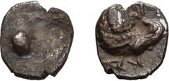 Greek Judaea, Macedonian Period. AR 1/2 Obol; Judaea, Macedonian Period; c. 332-301 BC, Hemiobol, 0.47g. Hendin-1075c. Obv: Degraded head of chimaera. Rx: Duck standing r., head l. ($850)