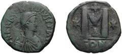 Byzantine Anastasius I. Follis; Anastasius I; 491-518 AD. Constantinople, Follis, 15.60g. MIB-27. Obv: D N ANASTA - SIVS PP AV[G] Diademed bust r., cross above. Rx: Large M between two stars, cross ab