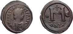 Byzantine Anastasius I. Follis; Anastasius I; 491-518 AD. Antioch, Follis, 16.85g. Berk-34, MIB-56, Sear-48. Obv: D N ANASTAS - IVS PP AVG Diademed bust r., cross above. Rx: Large M between star and c