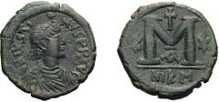 Byzantine Justin I. Follis; Justin I; 518-527 AD. Nicomedia, Follis, 17.44g. Berk-65, MIB-35, Sear-83. Obv: D N IVSTI - NVS PP AVG Diademed bust r., cross above. Rx: Large M between two stars, cross a
