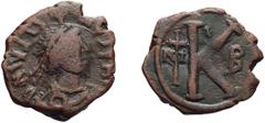 Byzantine Justin I. Scarce Half-follis; Justin I; 518-527 AD. Nicomedia, Half Follis, 9.17g. Berk-77, MIB-42, Sear-91. Obv: D N IVSTI - NVS P A[VG] (sic) Diademed bust r., cross above. Rx: Large K, to