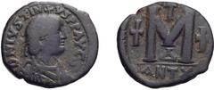 Byzantine Justin I. Follis; Justin I; 518-527 AD. Antioch, Follis, 16.40g. Berk-92, MIB-58, Sear-100. Obv: D N IVSTI - NVS PP AVG Diademed bust r., cross above. Rx: Large M between two crosses, a thir