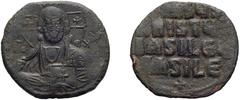Byzantine Anonymous Class A2, Basil II. Follis; Anonymous Class A2, Basil II; 975-1026 AD. Constantinople, Follis, 9.54g. Berk-948, Sear-1813. Obv: Bust of Christ facing, wearing halo with cross, smal