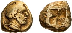 Ancient Gold Mysia, Cyzicus. 1/24 EL Stater; Mysia, Cyzicus; 363 BC, EL Stater, 15.72g. von Fritze-187, SNG Paris-337 (this coin). Obv: Laureate, bearded head of Timotheus r., tunny fish below. Rx: Qu