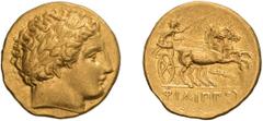 Ancient Gold Macedonia, Philip II. Stater; Macedonia, Philip II; 359-336 BC. Pella, c. 340-328 BC, Late Lifetime Issue, Stater, 8.58g. Le Rider-pl. 56, 123 (D58'/R94). Obv: Laureate head of Apollo r. 