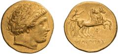 Ancient Gold Macedonia, Philip II. Stater; Macedonia, Philip II; 359-336 BC. Pella, c. 340-328 BC, Late Lifetime Issue, Stater, 8.59g. Cf. Le Rider-pl. 57-60, apparently new dies. Obv: Laureate head o