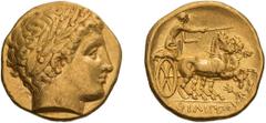 Ancient Gold Macedonia, Philip II. Stater; Macedonia, Philip II; 359-336 BC. Pella, c. 345-340 BC, Late Lifetime Issue, Stater, 8.58g. Le Rider-pl. 55, 65 (D30/R53). Obv: Laureate head of Apollo r. Rx