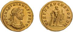 Ancient Gold Maximianus. Aureus; Maximianus; 286-305 AD, Siscia, 286 AD, Aureus, 5.18g. Depeyrot-p. 95, 1/15 (1 spec., St. Petersburg) pl. 15 (same obv. die); RIC-574D; Calicó-4750 (no photo, citing R