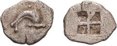Ancient Greek Silver Thrace, Thasos. AR 1/2 Obol; Thrace, Thasos; 435-411 BC. Hemiobol, 0.32g. BMC-23. Obv: Dolphin r.; pellet above and below, Rx: Quadripartite incuse square. Ex Superior, 30 May 199