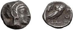 Ancient Greek Silver Attica, Athens. AR 1/2 Obol; Attica, Athens; 450 BC, Hemiobol, 0.31g. Obv: Helmeted head of Athena r. Rx: Owl standing r., head front.Perfeclty centered. VF Buy price: $375