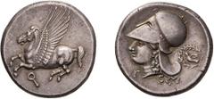 Ancient Greek Silver Corinthia, Corinth. Stater; Corinthia, Corinth; c. 375-300 BC, Stater, 8.62g. Calciati-419, BCD-110. Obv: Pegasus flying l. Rx: Head of Athena l., G below chin, dove within wreath