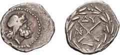 Ancient Greek Silver Achaean League, Dyme. Achaean League Hemidrachm, ex BCD; Achaean League, Dyme; 2nd cent. BC, Hemidrachm, 2.26g. Benner-12, BCD-481. Obv: Laureate head of Zeus r. Rx: Large X, ?? i