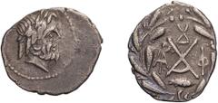 Ancient Greek Silver Achaean League, Dyme. Achaean League Hemidrachm, ex BCD; Achaean League, Dyme; 2nd cent. BC, Hemidrachm, 2.27g. Benner-16; BCD-483. Obv: Laureate head of Zeus r. Rx: Large X, Acha