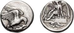 Ancient Greek Silver Elis, Olympia. Stater; Elis, Olympia; 87th Olympiad, 432 BC, Stater, 12.11g. Seltman-133, BCD-55 (same dies), SNG Delepierre-2093. Obv: Eagle flying r. with wings above his body, 